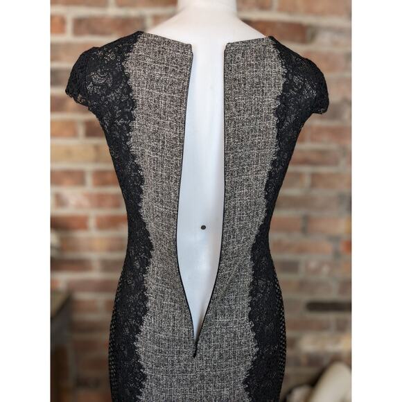 Betsey Johnson Sheath Dress 6 Gray Black Tweed Cap Sleeve Lace Trim Cocktail - Picture 6 of 7